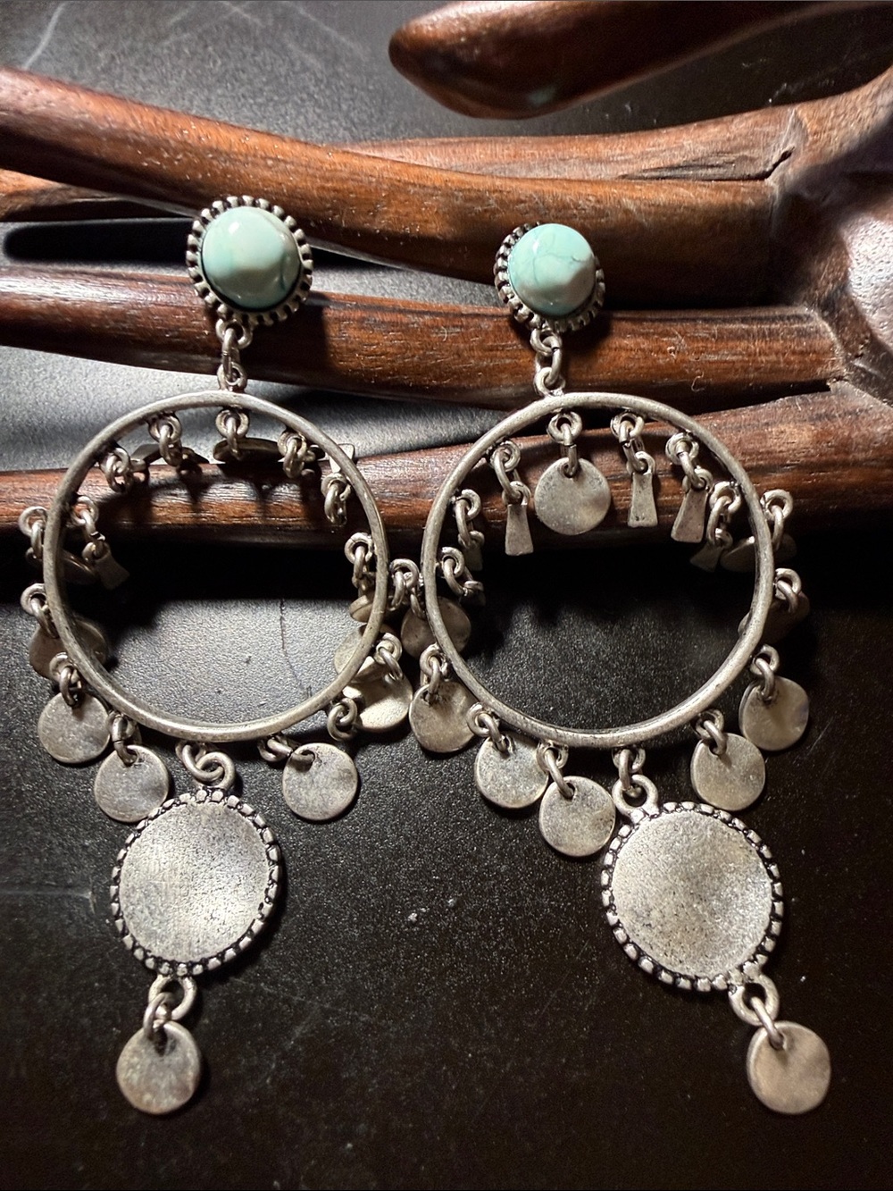 Turquoise Stone Silver Drop Hoop Earrings - Women Jewelry